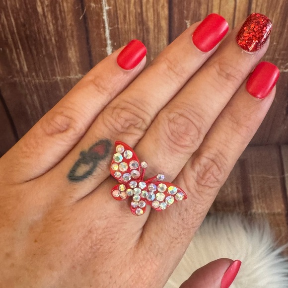 Butterfly Red Ring with Rhinestones Adjustable One Size - Picture 2 of 7